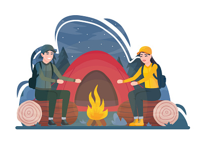 Camping fire 2d camping couple dribbble forest hiking illustration nature night tent tourism vector