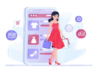 Shopping Online 2d buy character commerce design dribbble flat girl illustration internet payment shopping vector woman