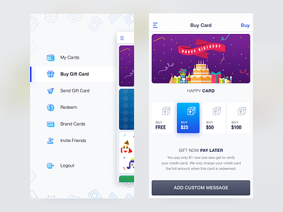 Gift Card app gifting ios minimal payment app side nav