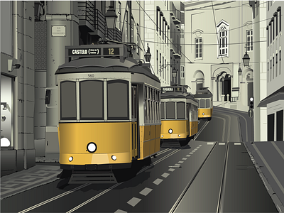 Trams in a row design illustration lisbon portfolio portugal vector