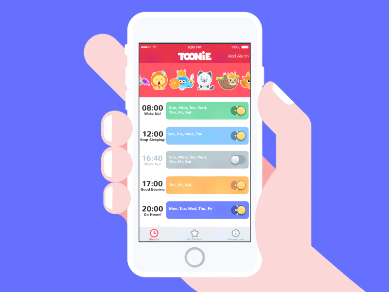 Toonie Stickers Jumble ios app design alarm interface graphic design motion design ux ui stickers animation