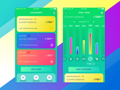 Balance App app bright credit card design finance interface menu mobile money ui ux