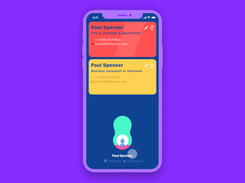 Contact Page screen design idea #117: Here's the UI concept of Business Card App, an application for creating, keeping and sending cont...