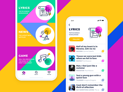Music News App app bright design entertainment interaction design interface menu mobile music ui ux