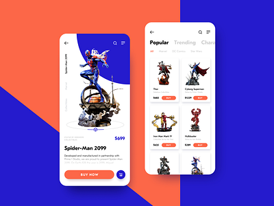 Action Figures Ecommerce App action figure app app design catalog design ecommerce ecommerce app graphic design interaction design mobile mobile app mobile screens movie online shopping product card superhero toys ui user experience ux