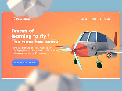 Flying School Landing Page 3d 3d animation airplane animation design design studio graphic design hero image illustration interaction design interface landing page motion design origami plane ui ux web web design web marketing