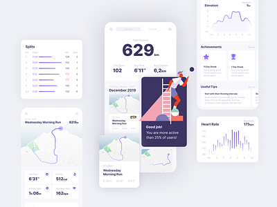 Fitness App Screens app design data visualization design design studio fitness app graphic design health illustration interaction interface mobile mobile app mobile design mobile screens sports ui user experience user interface ux white theme