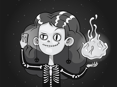 Character Selfie beriln black and white character design exhibition fire girl illustration magic pictoplasma project selfie skeleton