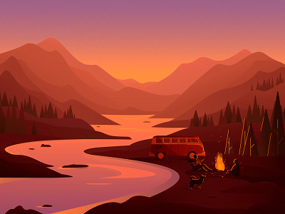 Camp in the mountains camp dog fire illustrator landscape mountain people river sunset travel vector