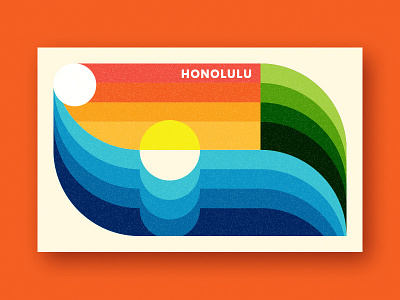 Honolulu Post Card color environment green hawaii honolulu illustration lines ocean palm sunrise sunset thick