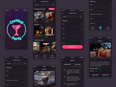 Cocktail party mobile app app cocktails dark mode dark theme drinks mobile app neon recipe app recipes ui ux