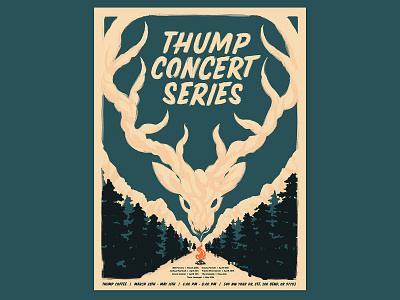 Thump Concert Series Gig Poster art print camp fire coffee coffee shop concert concert poster deer fire forest gig poster gig posters illustration lettering oregon ponderosa pine print design smoke spring