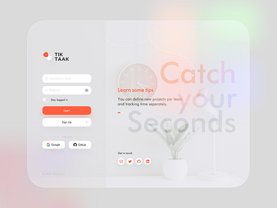 TikTaak Login Page clean clock gradient landing page login page minimal time tracker ui ux website