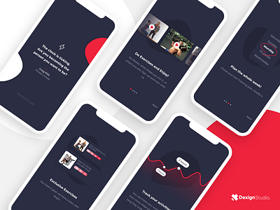 Workout's splash and onboarding app design chart dark ui illustration onboarding quote splash ui ux video workout app