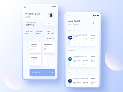Job Portal active dashboard days distance earnings feed from job job listing jobs layout portal price ratings rejected search to trips uber view