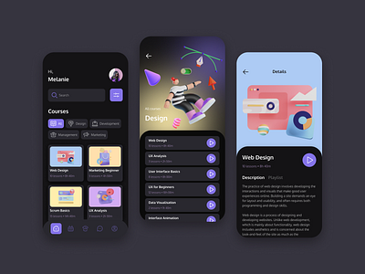 Educational platform for mobile - Light & Dark theme app design illustration ui