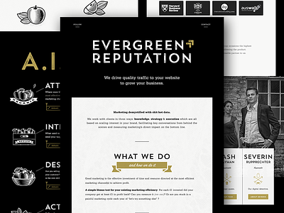 New Evergreen Reputation: It's live! black gold header icons landing page london typography ui user interface ux vintage website