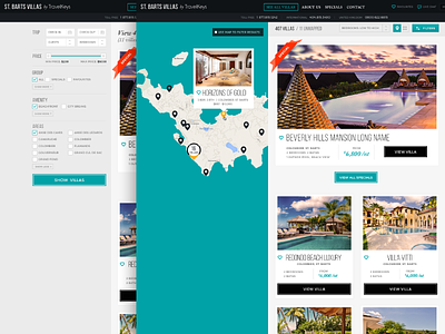 Travelkeys Microsite - Search Flow black destination grid home luxury map pins search results user interface vacation villa