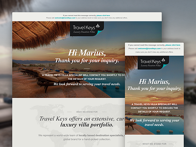 Travel Keys: Email proposal (WIP) destination email exotic home inquiry luxury mobile newsletter ui vacation villa