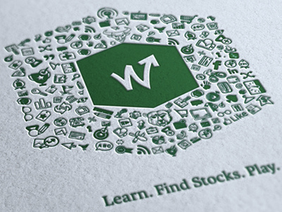 Learn. Find Stocks. Play. hand-drawn icons letterpress