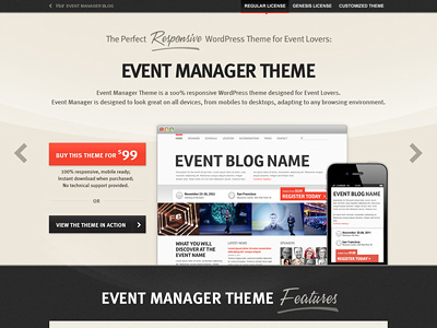 Landing Page for Event Manager Theme black buttons design grey header homepage interface landing page red responsive theme ui user interface design ux website wordpress