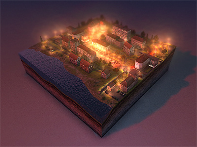 Ingame Level 03 03 unity 3d rendering design cinema4d level texture terrain modeling train trees grass railway rocks sediment forest mud rails night lights city town street road bus car