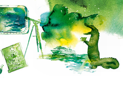 Editorial Watercolours akvarell aquarelle crocodile detail editorial fairytale green illustration magazine watercolor yellow