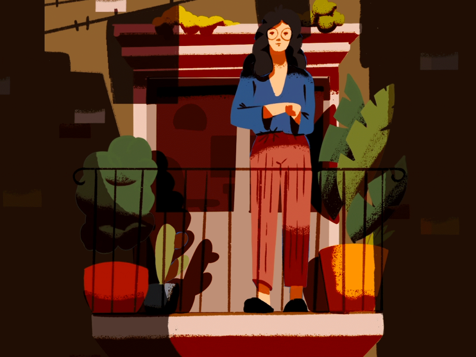 Stay Home Stay Positive animation balcony cactus clap covid dog gif girl illustration ipad noise palette plants procreate rough animator texture woman
