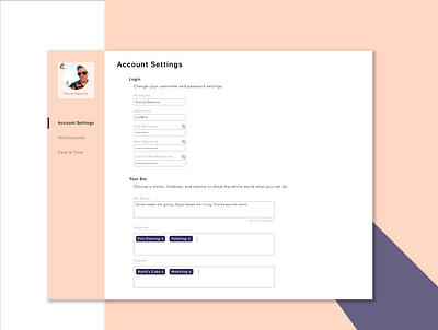 Settings Forms - Account, Notifications, and Date & Time app dailyui dailyui 007 design designs illustration ui