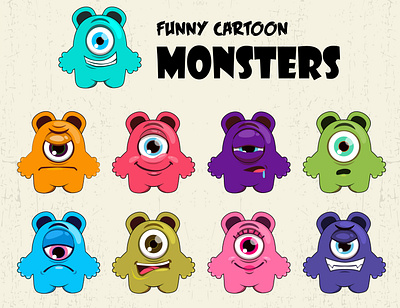 Funny cartoon colorful monsters cartoon collection cool crazy cute different emoticon fun funny game happy icon isolated laughing mouth set smiley square teeth vector