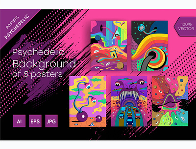 Psychedelic Background of 5 posters abstract art colourful cover drawing effect eye hallucinogen hippie illustration pop art poster psychedelic psychedelic background rainbow retro surrealism vector vintage wave