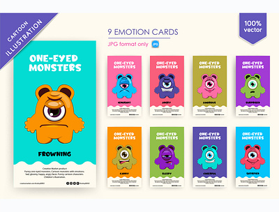 9 Funny One-eyed monsters animal baby baby shower patterns birthday card cartoon celebrate childish cute graphic greeting heart illustration kid love lovely monsters sweet toy vector