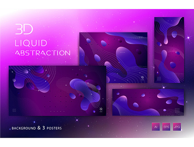 3D liquid abstraction. Background, 3 posters. 3d 3d objects 3d shapes abstract abstract shapes abstraction design elements flow fluid fluid gradient shapes fluid shapes geometric shapes holographic gradients liquid liquid shapes liquid waves shape twisted shapes vibrant gradients wave