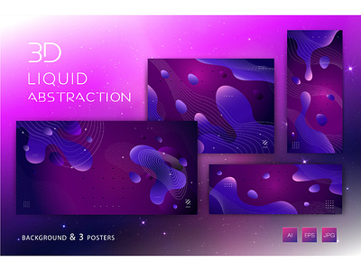 3D liquid abstraction. Background, 3 posters.