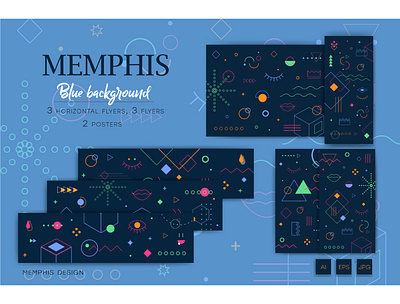 Memphis style on a blue background. abstract art artwork backgrounds card collection colorful cover creative curve decor decoration design elements futuristic memphis memphis elements occultism poster memphis