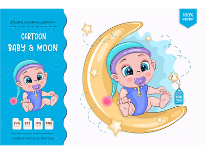 Cartoon baby & moon. art baby baby boy baby boy shower baby cartoon background boy card cartoon character children cute design greeting illustration kids little baby love shower vector