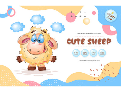 Cute Cartoon Sheep. animal art cartoon cloud clouds cute drawing dream ewe fairy tale greeting hand drawn lamb mammal mutton painted ram sheep sky wool