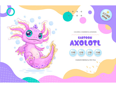 Cute cartoon axolotl adorable amphibian animal axolotl cartoon character character illustration childish children illustration cute animals exotic illustration isolated kids kids illustration mexican salamander nursery clipart png elements print vector