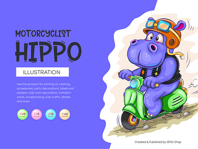 Cartoon hippo motorcyclist.