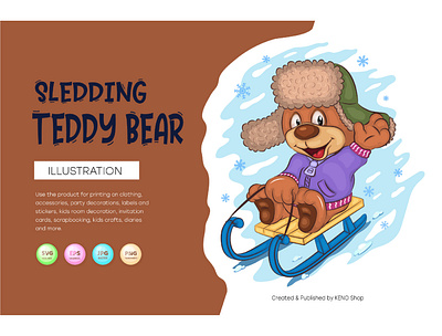 Cartoon Teddy Bear Sledding. fur