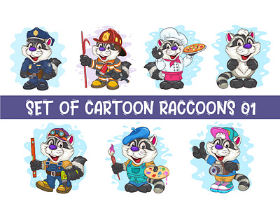 Set of Cartoon Raccoons 01. T-Shirt. fireman