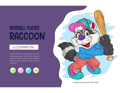 Cartoon Baseball Player Raccoon. comic