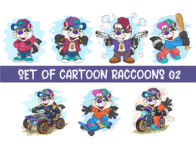 Set of Cartoon Raccoons 02. racer