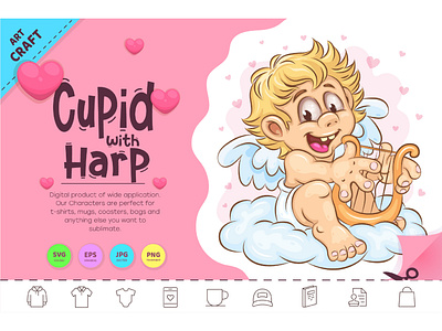 Cartoon Cupid with Harp.