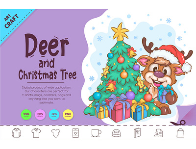 Cartoon Deer and Christmas Tree. funny