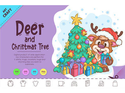 Cartoon Deer and Christmas Tree.