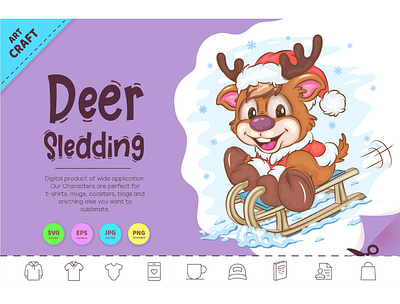 Cartoon Deer Sledding. clipart