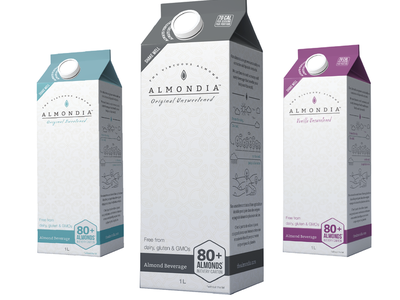 Almondia Identity + Packaging almond branding carton design food grocery label milk packaging