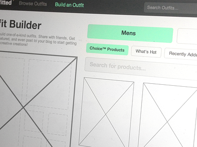 Codename: Outfitted Wireframes black builder fashion green grey grid ia information architecture menswear outfits outline teal tool user experience ux wireframe wireframes