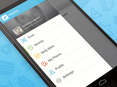Android New Navigation android belly blue clean flat mobile nav nexus profile ui white